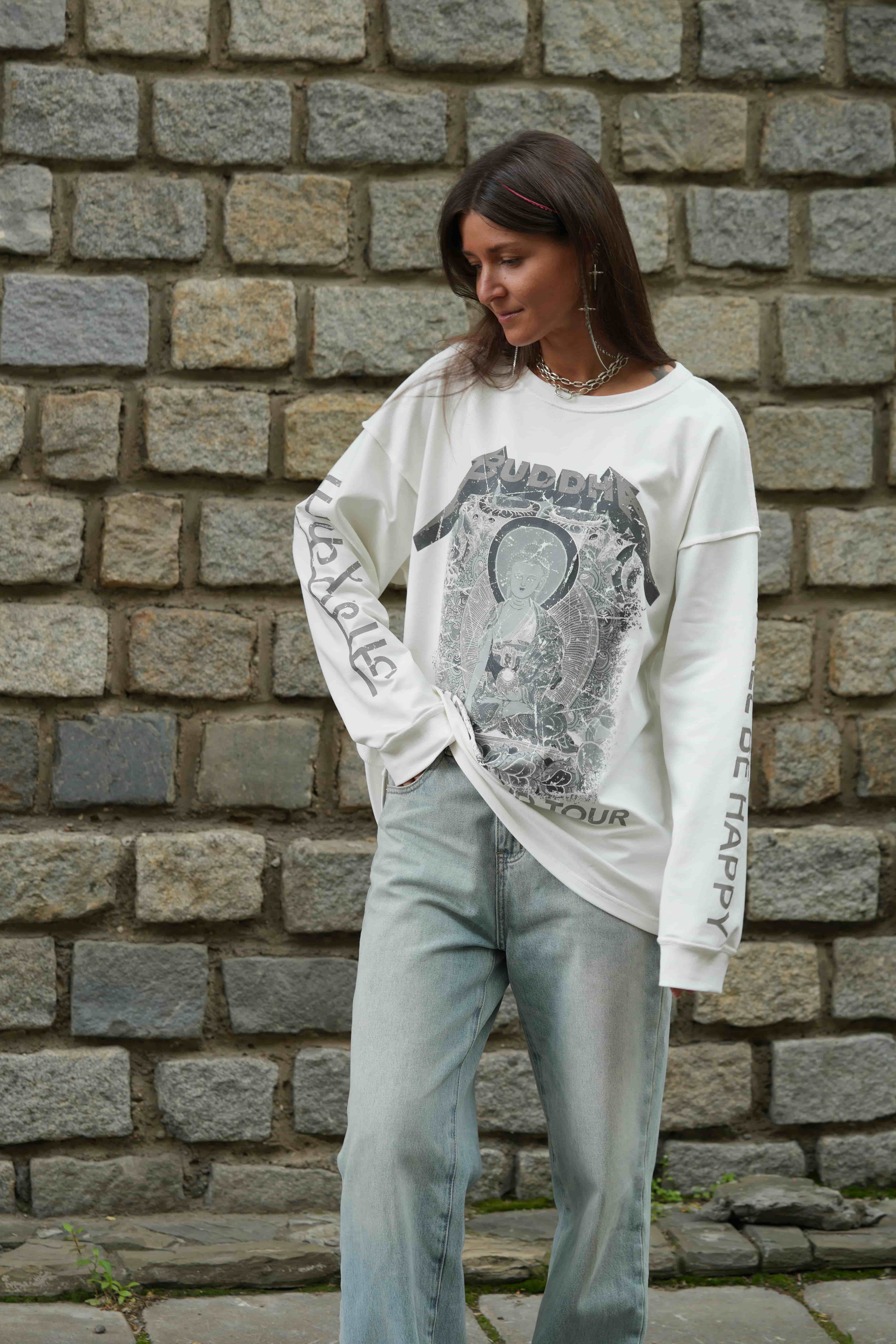 42-00-0009 Лонгслив Будда /Metallica Белый с серым принтом-2