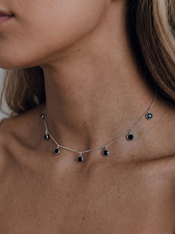 01-00-0348 Чокер Дождик чёрных цирконов (Ag 925)