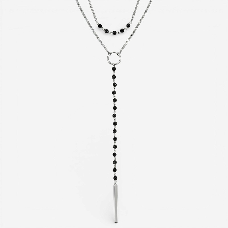 01-00-0066 Двойной галстук с чёрным ониксом и серебряной пластиной (Ag 925)