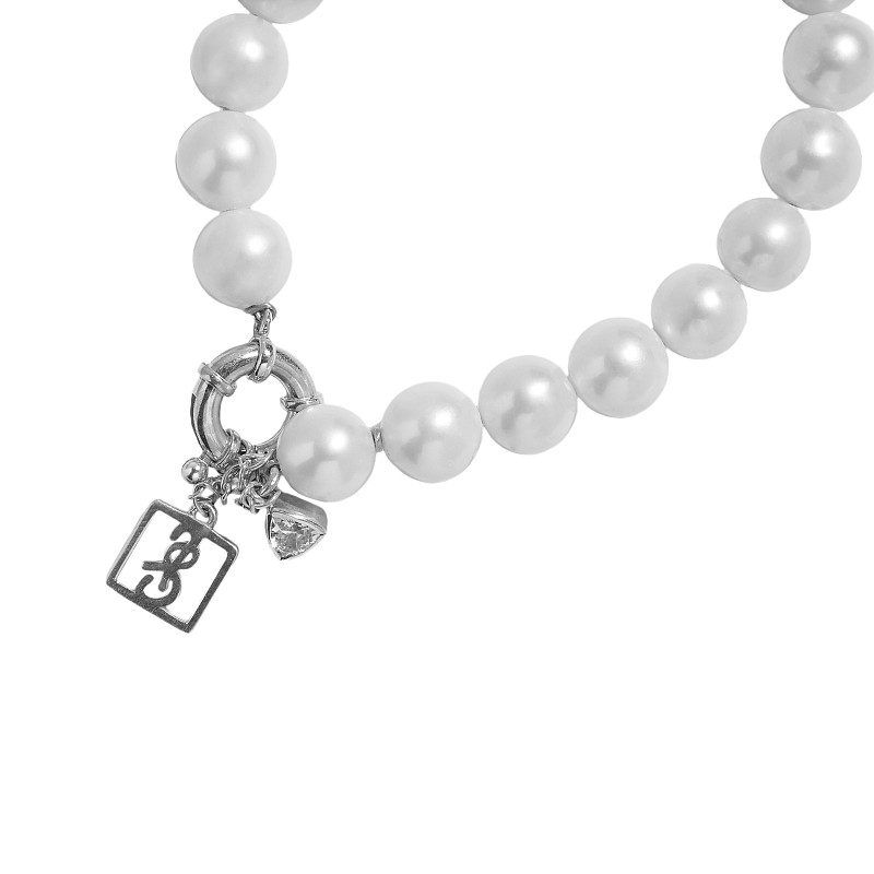 02-00-0520 Браслет с крупными бусинами белого жемчуга и цирконом (Ag 925)