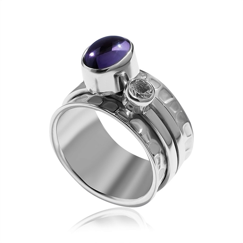 03-00-0358 Кольцо-механизм с аметистом (кабошон) и белым топазом (Ag 925)