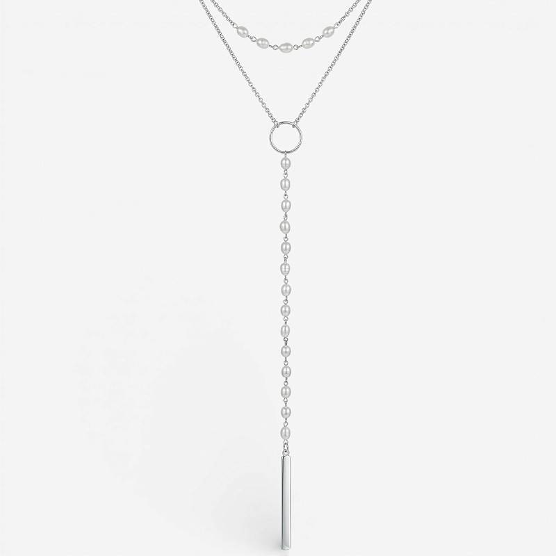 01-00-0059 Двойной галстук с белым жемчугом и серебряной пластиной (Ag 925)