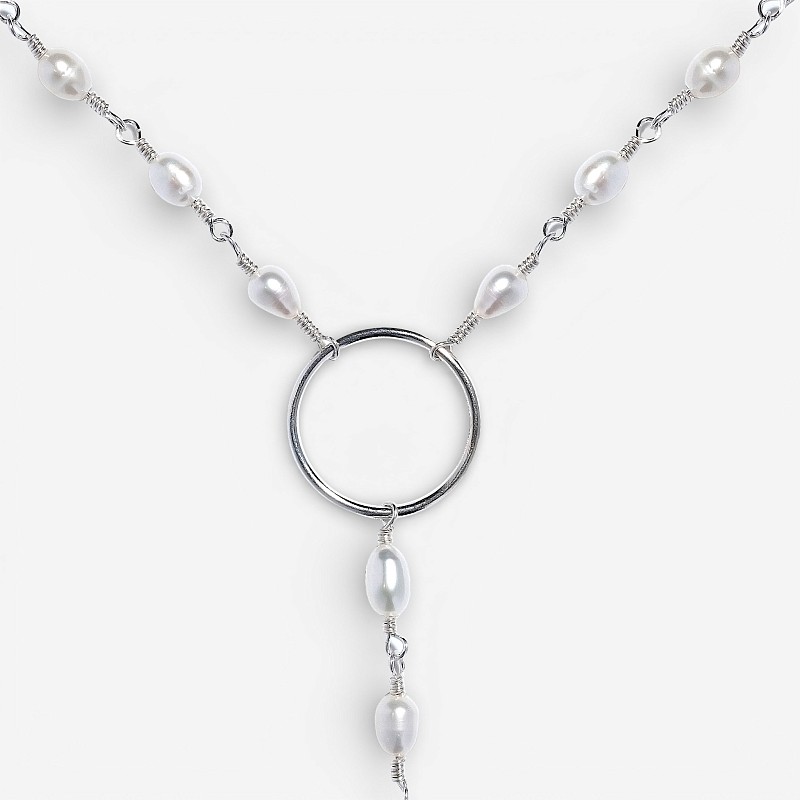 01-00-0072 Одинарный галстук с белым жемчугом, кольцом и серебряной пластиной (Ag 925)