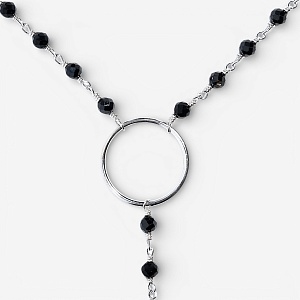 01-00-0109 Одинарный галстук с чёрным ониксом, кольцом и серебряной пластиной (Ag 925)-1