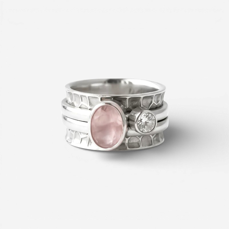 03-00-0319 Кольцо-механизм с овальным розовым кварцем (фасет) и белым топазом (Ag 925)