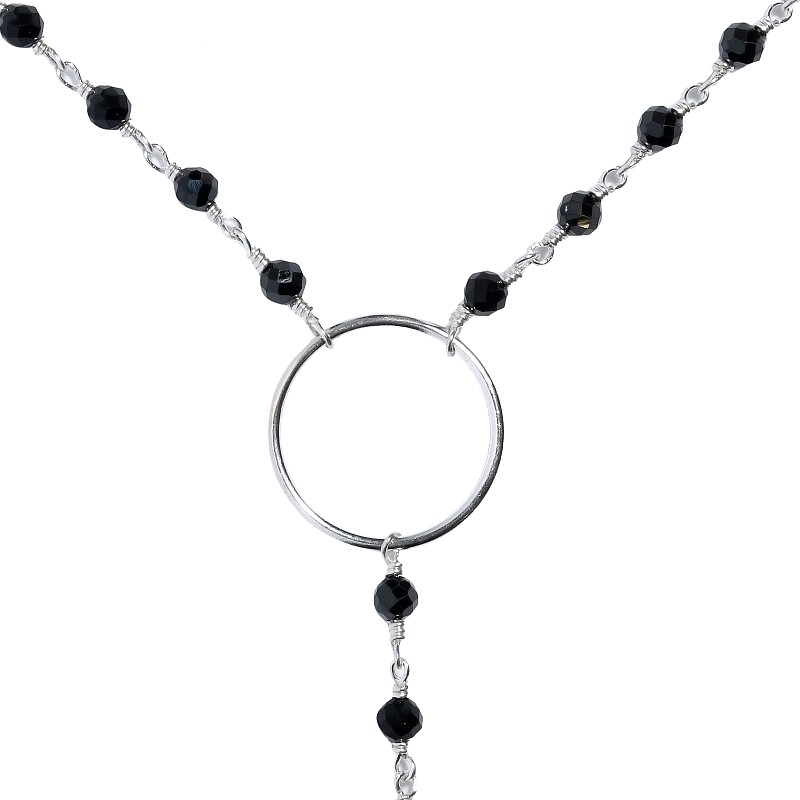 01-00-0109 Одинарный галстук с чёрным ониксом, кольцом и серебряной пластиной (Ag 925)