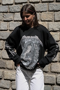 42-00-0015 Лонгслив Будда /Metallica черный с серым принтом-1