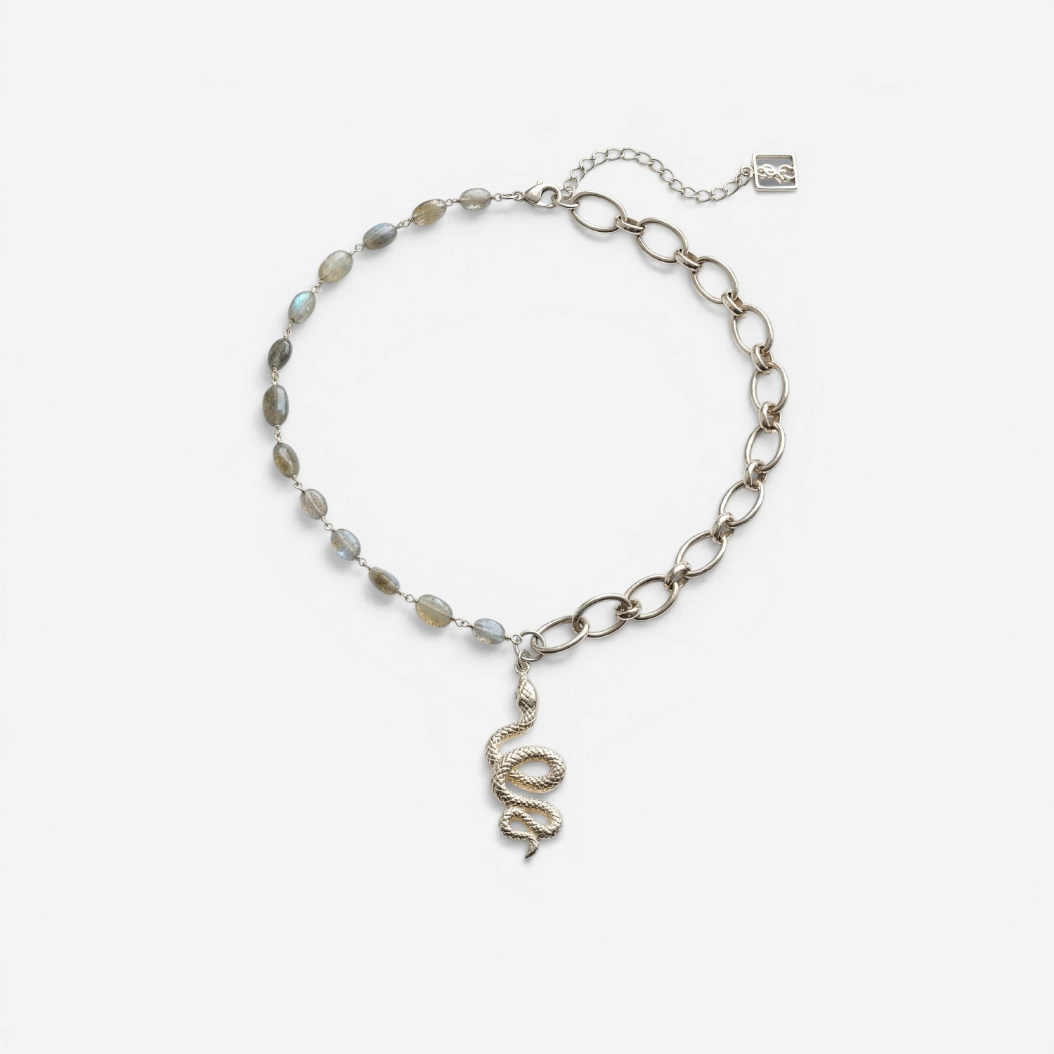 09-00-0117 Колье половинка бдсм с подвеской snake и лабрадоритом (Ag 925)-1