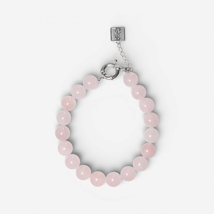 02-00-0505 Браслет с крупными бусинами розового кварца и цирконом (Ag 925)