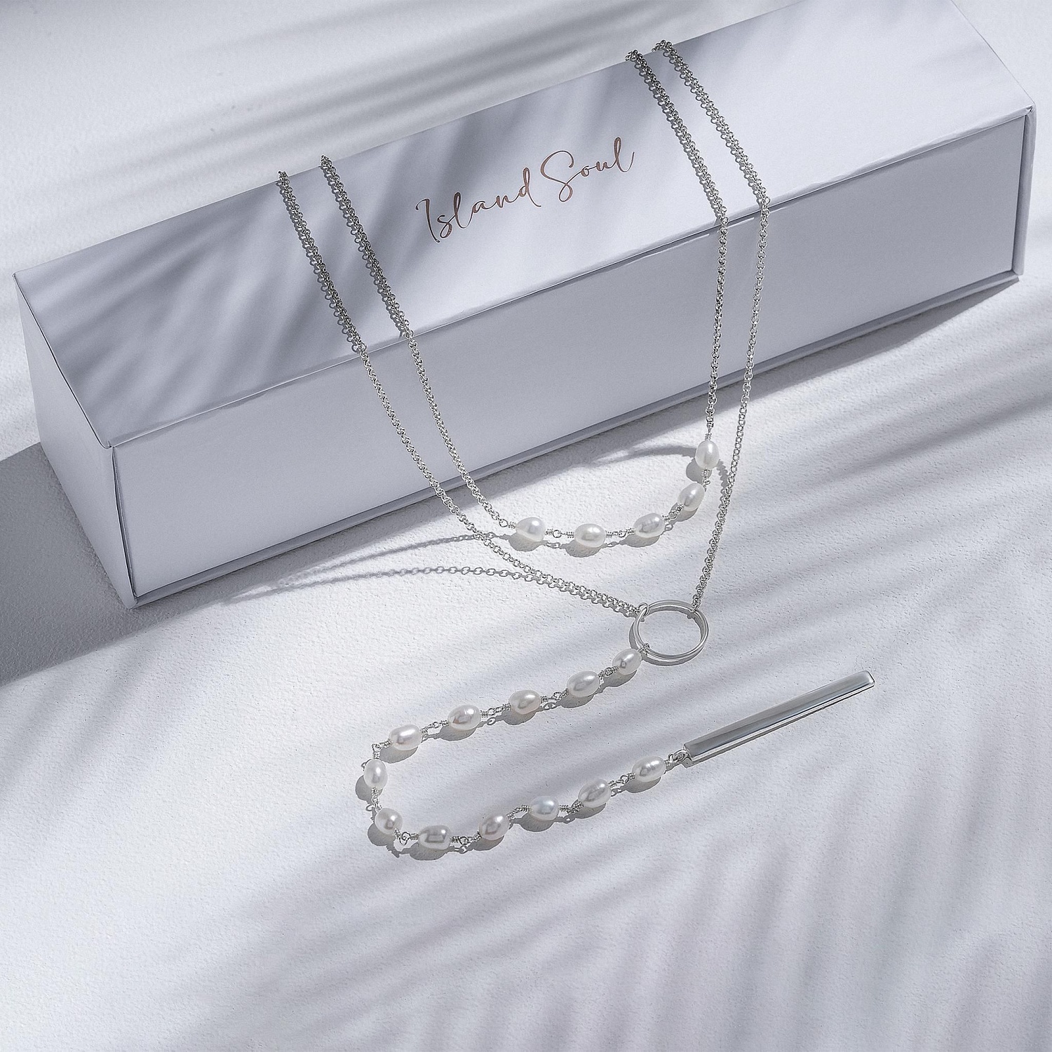 01-00-0059 Двойной галстук с белым жемчугом и серебряной пластиной (Ag 925)-3