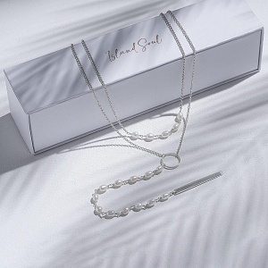 01-00-0059 Двойной галстук с белым жемчугом и серебряной пластиной (Ag 925)-3