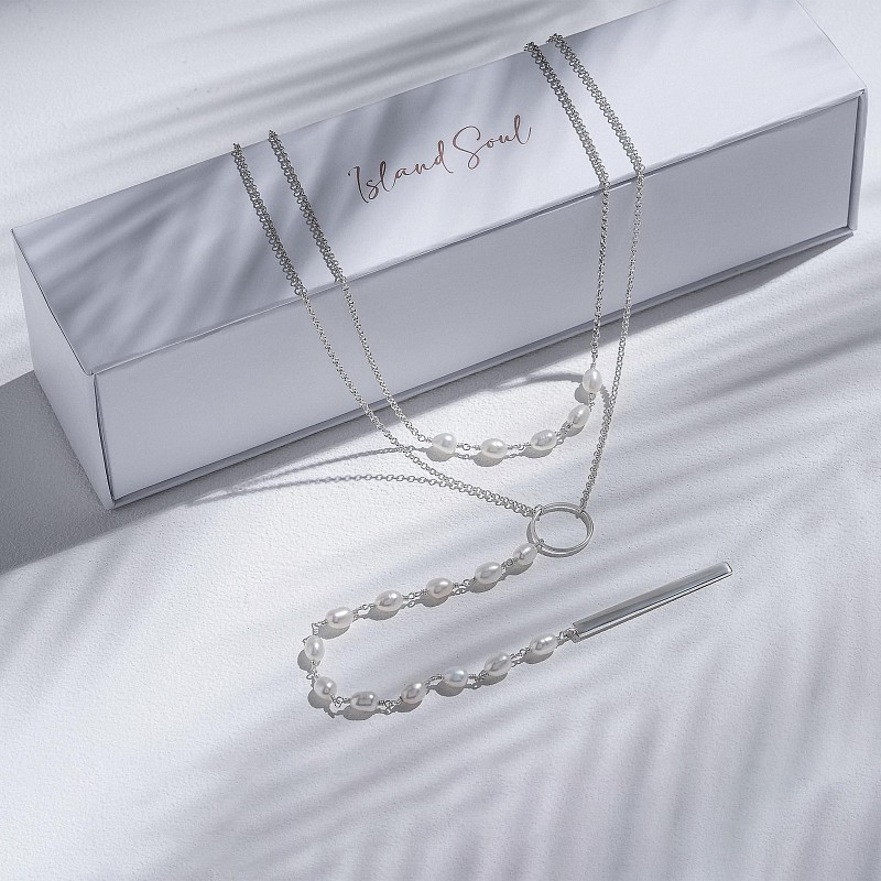 01-00-0059 Двойной галстук с белым жемчугом и серебряной пластиной (Ag 925)