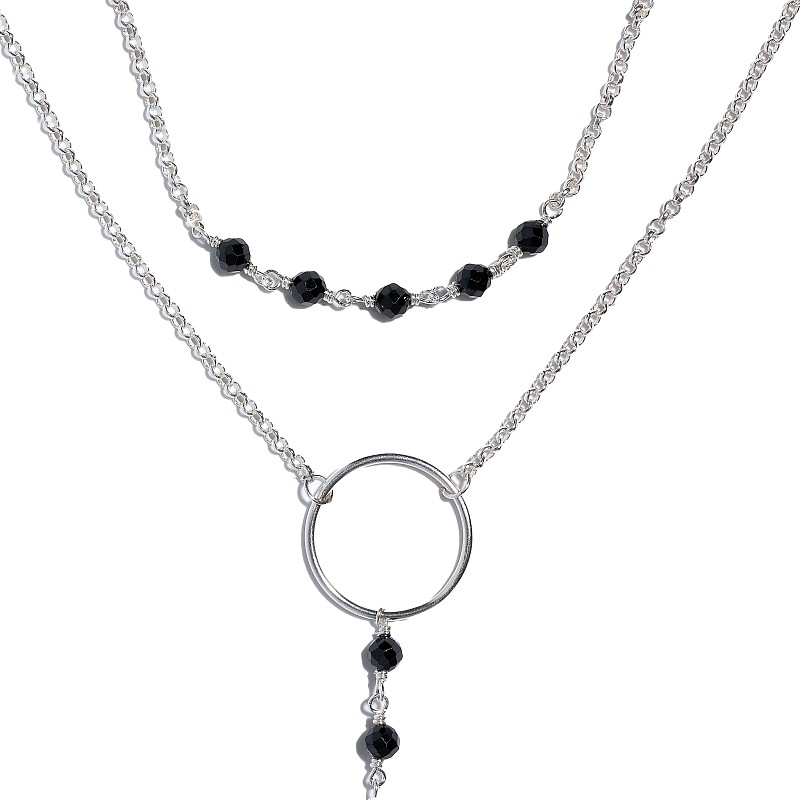 01-00-0066 Двойной галстук с чёрным ониксом и серебряной пластиной (Ag 925)