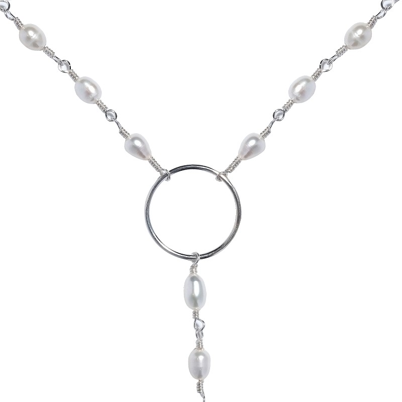 01-00-0072 Одинарный галстук с белым жемчугом, кольцом и серебряной пластиной (Ag 925)