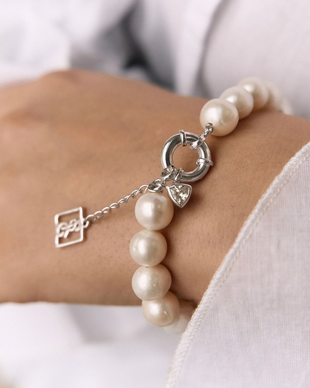 02-00-0520 Браслет с крупными бусинами белого жемчуга и цирконом (Ag 925)