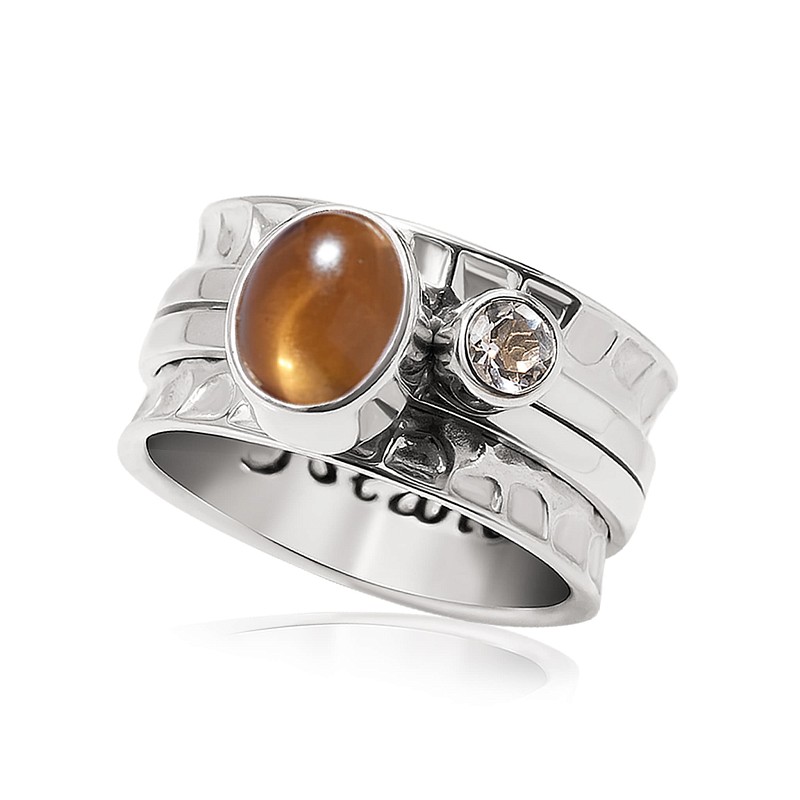 03-00-0350 Кольцо-механизм с овальным цитрином кабошон и белым топазом (Ag 925)