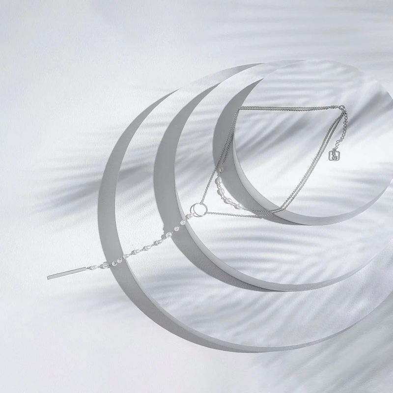 01-00-0059 Двойной галстук с белым жемчугом и серебряной пластиной (Ag 925)