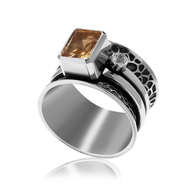 03-00-0258 Кольцо-механизм рустик с прямоугольным цитрином (фасет) и белым топазом (Ag 925)