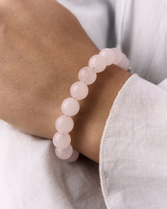 02-00-0505 Браслет с крупными бусинами розового кварца и цирконом (Ag 925)