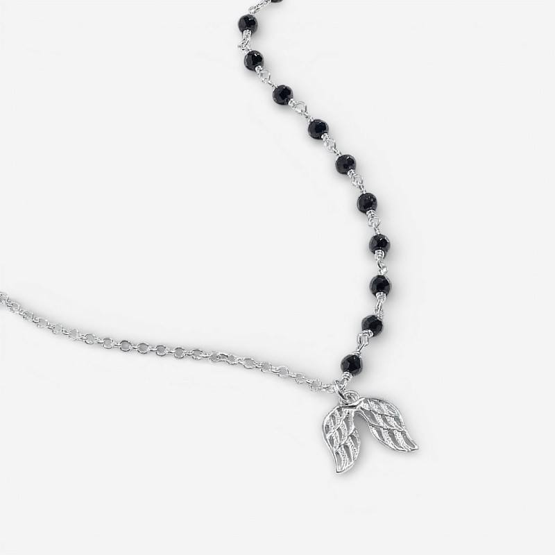 01-00-0201 Подвеска половинка с чёрным ониксом и крыльями (Ag 925)