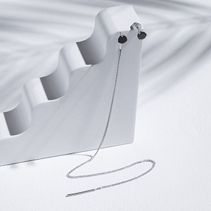 04-00-0079 Гвоздики с чёрным цирконом и длинной цепочкой (Ag 925)-1