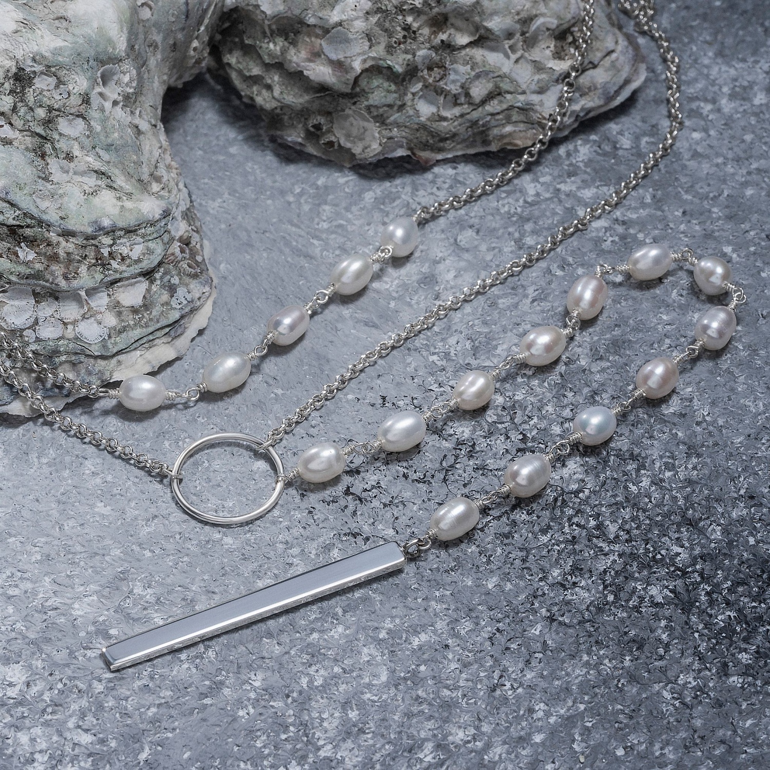 01-00-0059 Двойной галстук с белым жемчугом и серебряной пластиной (Ag 925)-4