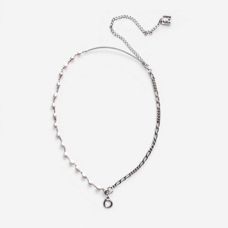 09-00-0095 Колье половинка жемчуг и Фигаро цепочка (Ag 925)