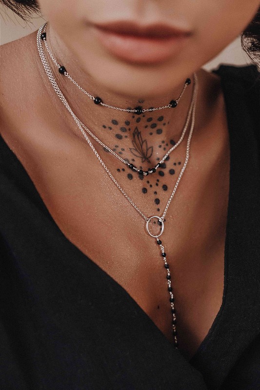 01-00-0066 Двойной галстук с чёрным ониксом и серебряной пластиной (Ag 925)