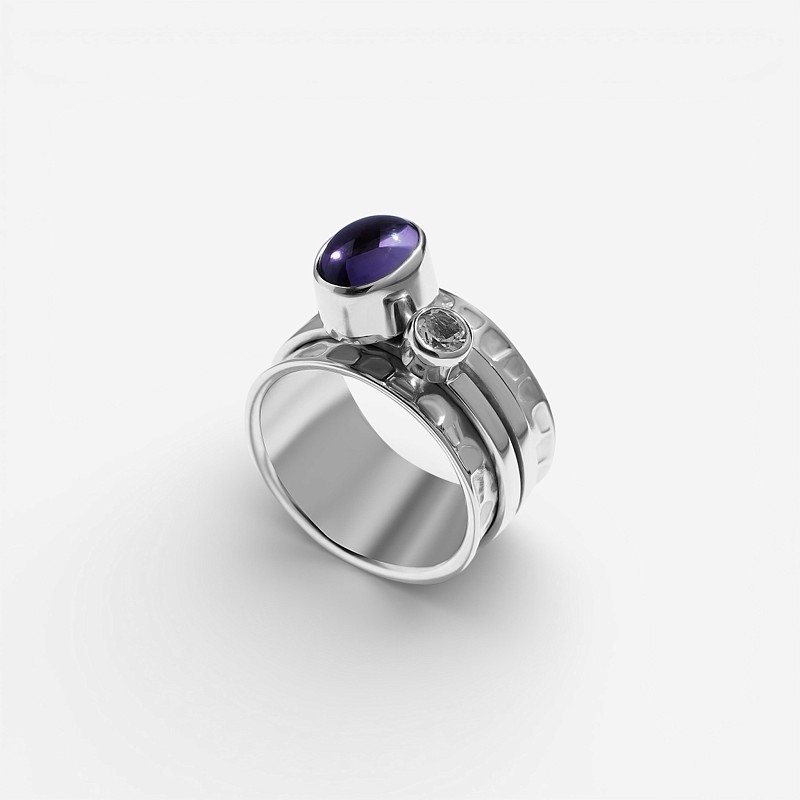 03-00-0358 Кольцо-механизм с аметистом (кабошон) и белым топазом (Ag 925)