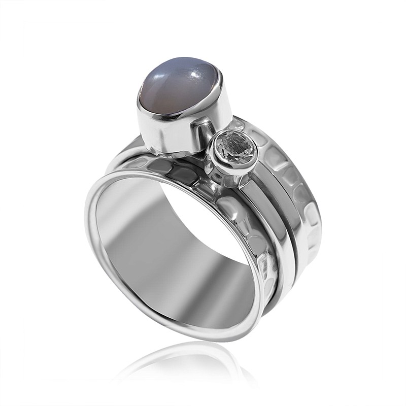 03-00-0355 Кольцо-механизм с серым лунным камнем и белым топазом (Ag 925)