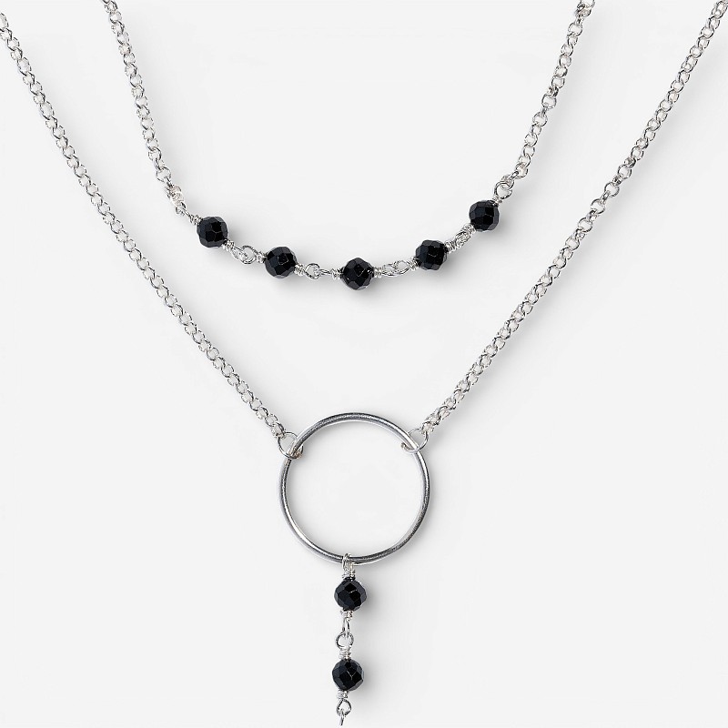 09-00-0029 Двойной галстук с чёрной шпинелью и серебряной пластиной (Ag 925)