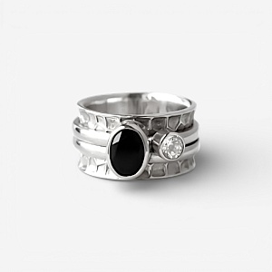 03-00-0307 Кольцо-механизм с овальной чёрной шпинелью фасет и белым топазом (Ag 925)-1