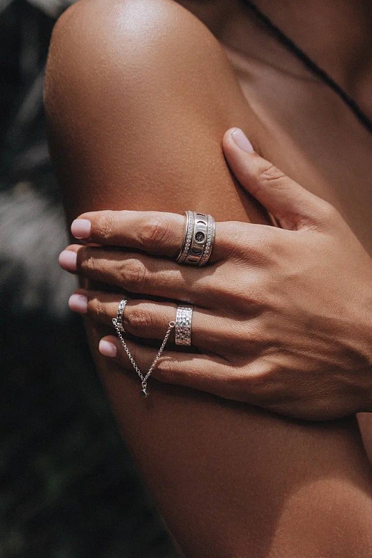 03-00-0554 Кольцо с соединительной цепочкой, кольцом на фалангу и цирконом (Ag 925)