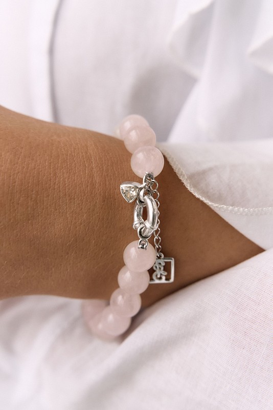 02-00-0505 Браслет с крупными бусинами розового кварца и цирконом (Ag 925)